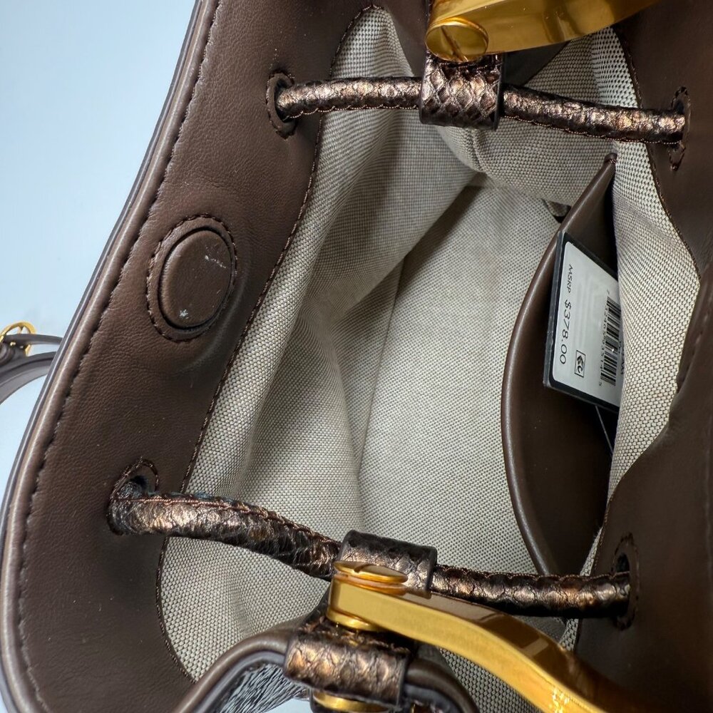 Donna Karan Drawstring Bucket Bag W/ Metallic Snake Print Leather - Picture 11 of 16